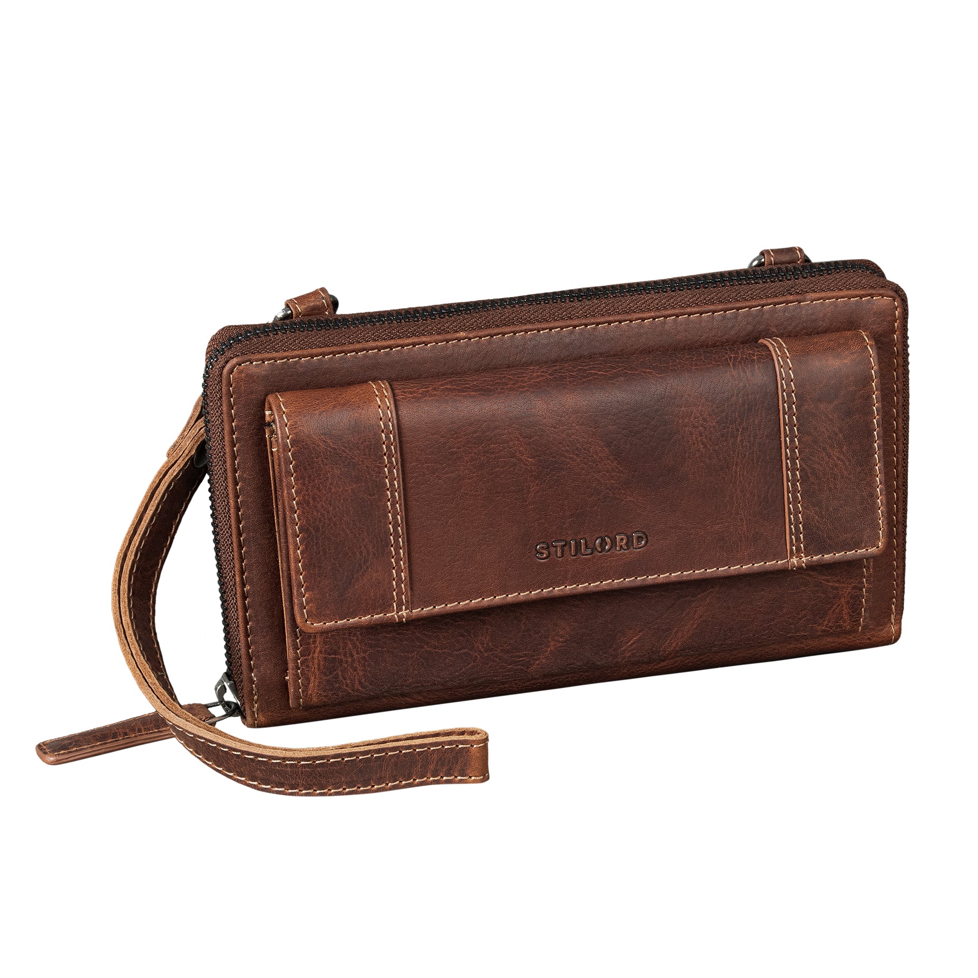 3-in-1 Portemonnaie Damen Handytasche zum Umhängen Echt Leder RFID salerno braun