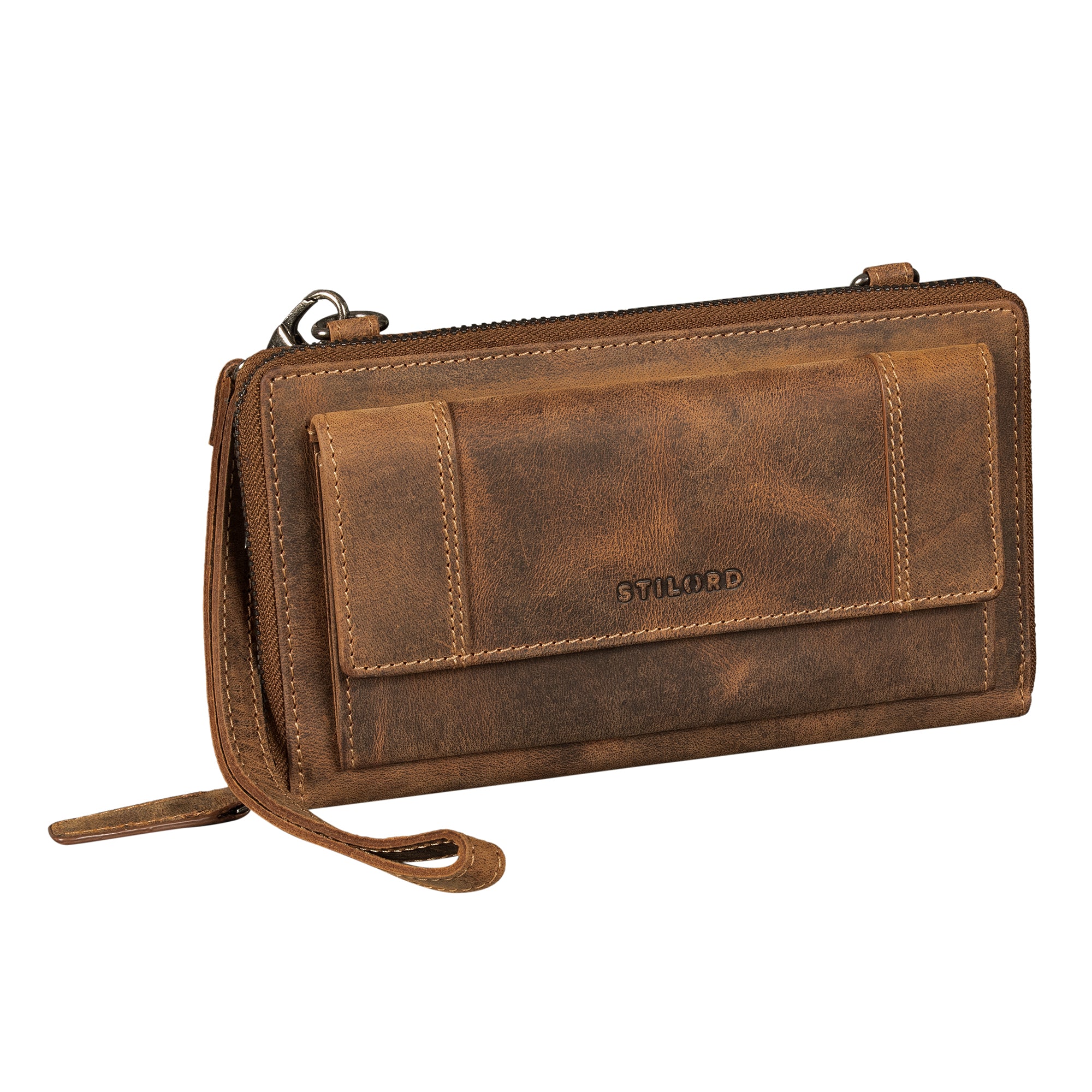 3-in-1 Portemonnaie Damen Handytasche zum Umhängen Echt Leder RFID bergamo braun