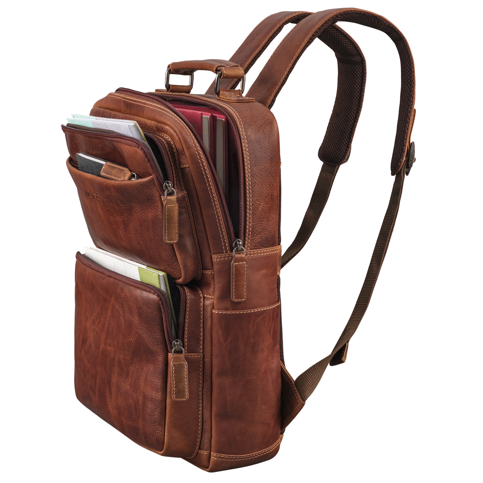 Laptoprucksack Leder cognac mit verstellbaren Schultergurten