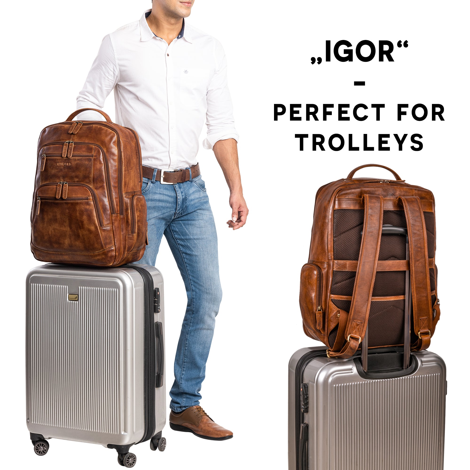 Herren Arbeitsrucksack 18 Zoll aus Echtleder mit Trolley Halterung