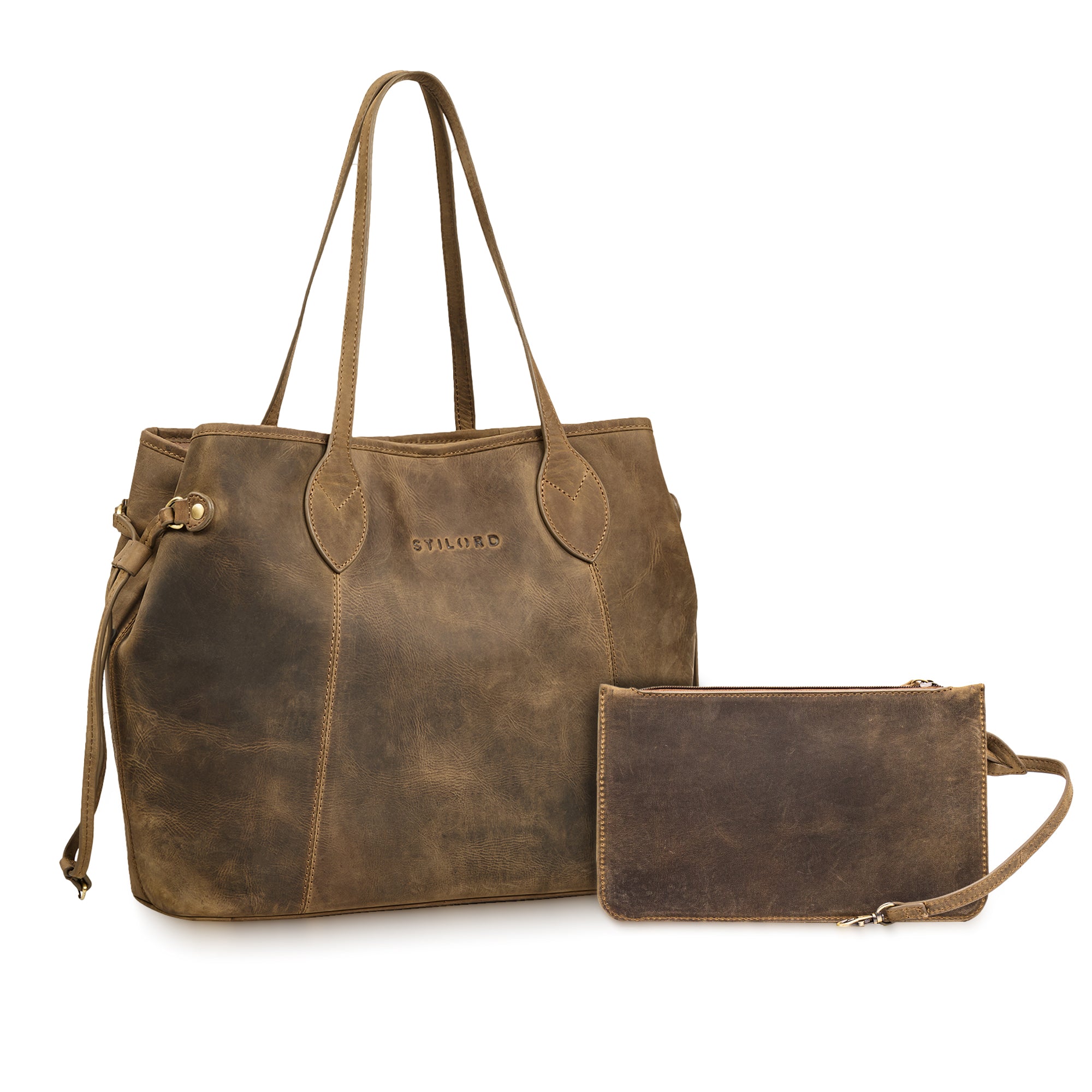 Echtleder Shopper Damen mit Clutch braun