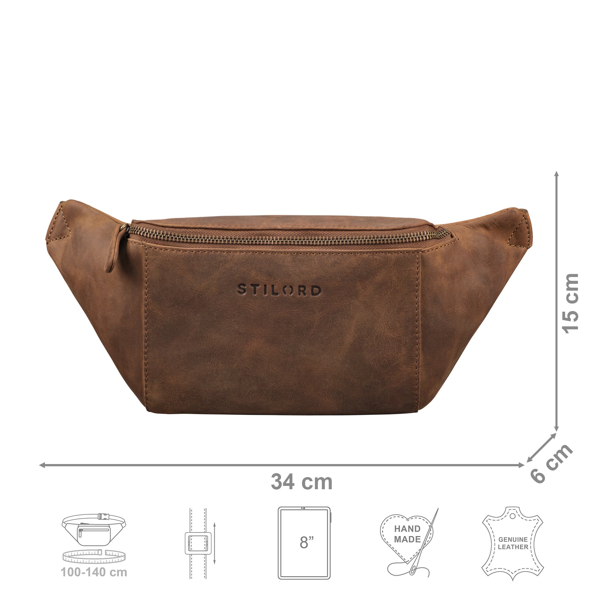 Gürteltasche Vintage Leder braun mit Größenangaben und USP Icons