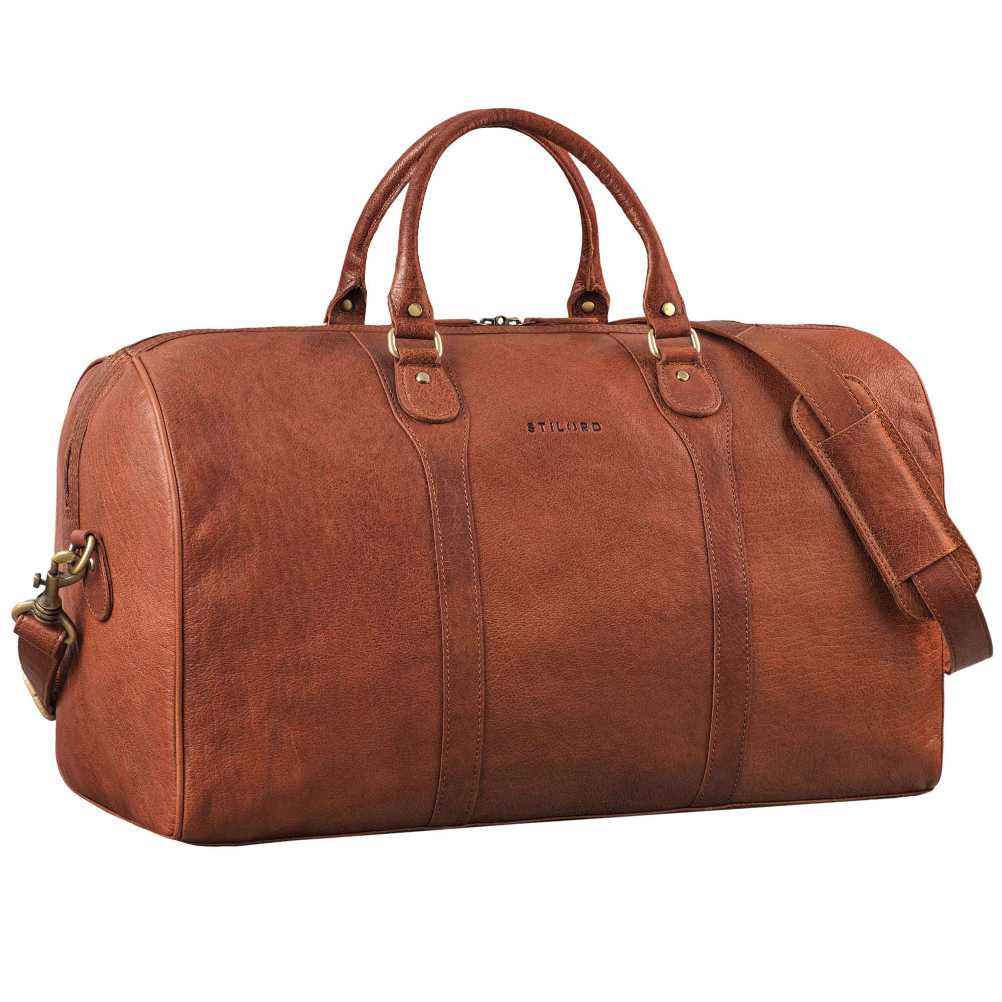 Weekender Leder cognac aus der schrägen Frontalperspektive