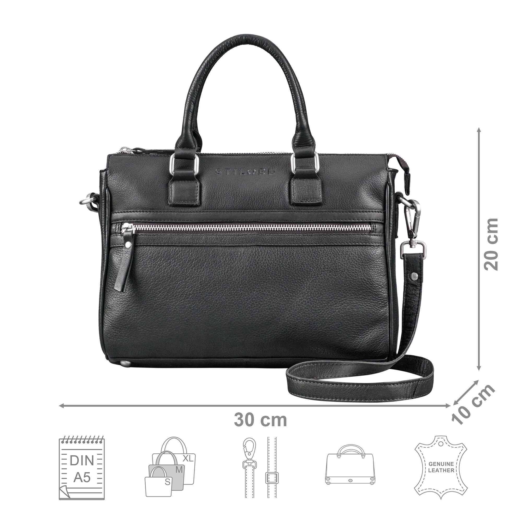 Henkeltasche Leder schwarz mit Größenangaben und USP Icons