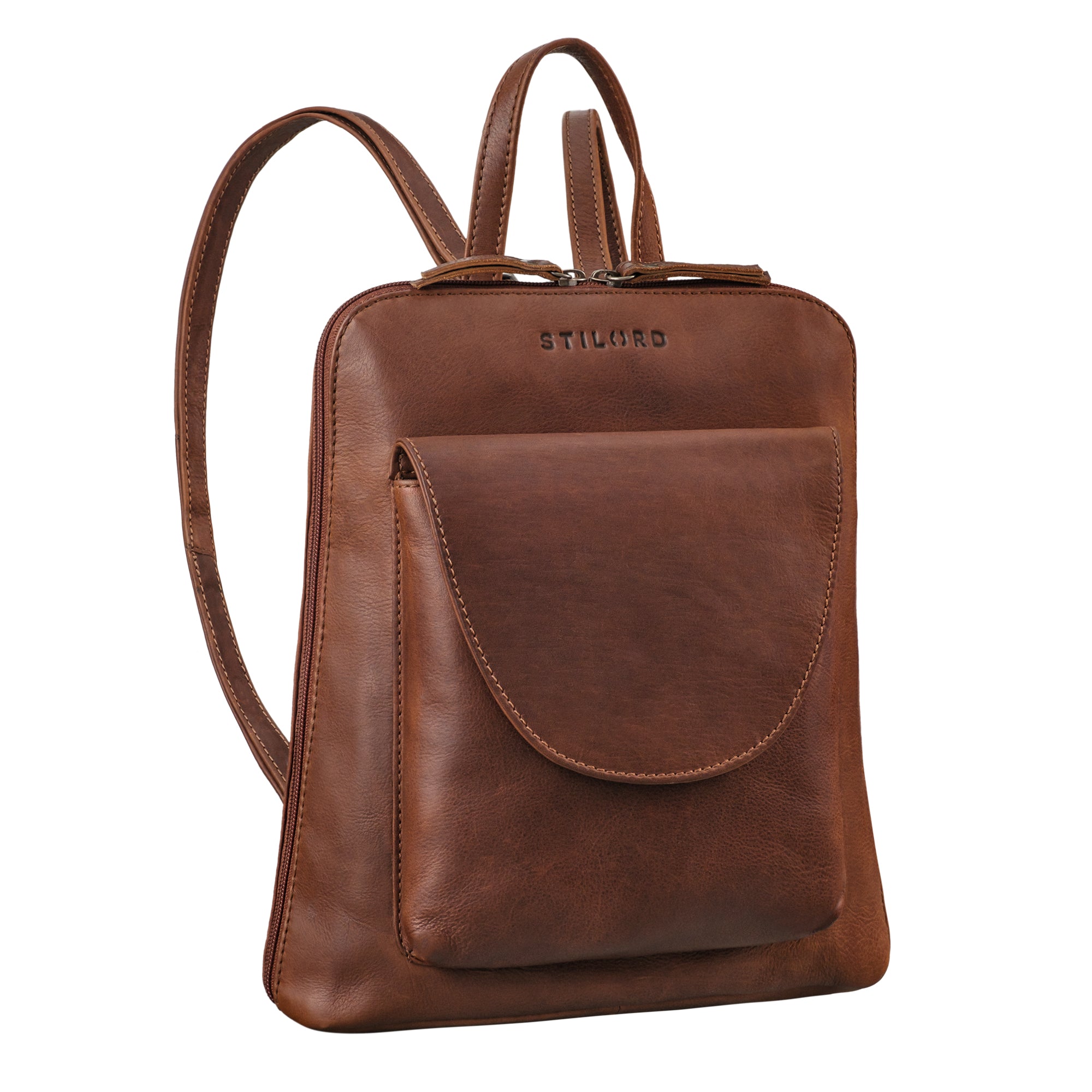 Damenrucksack Leder braun aus der schrägen Frontalperspektive
