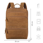 Lederrucksack braun mit Größenangaben und zusätzlichen Merkmal Icons