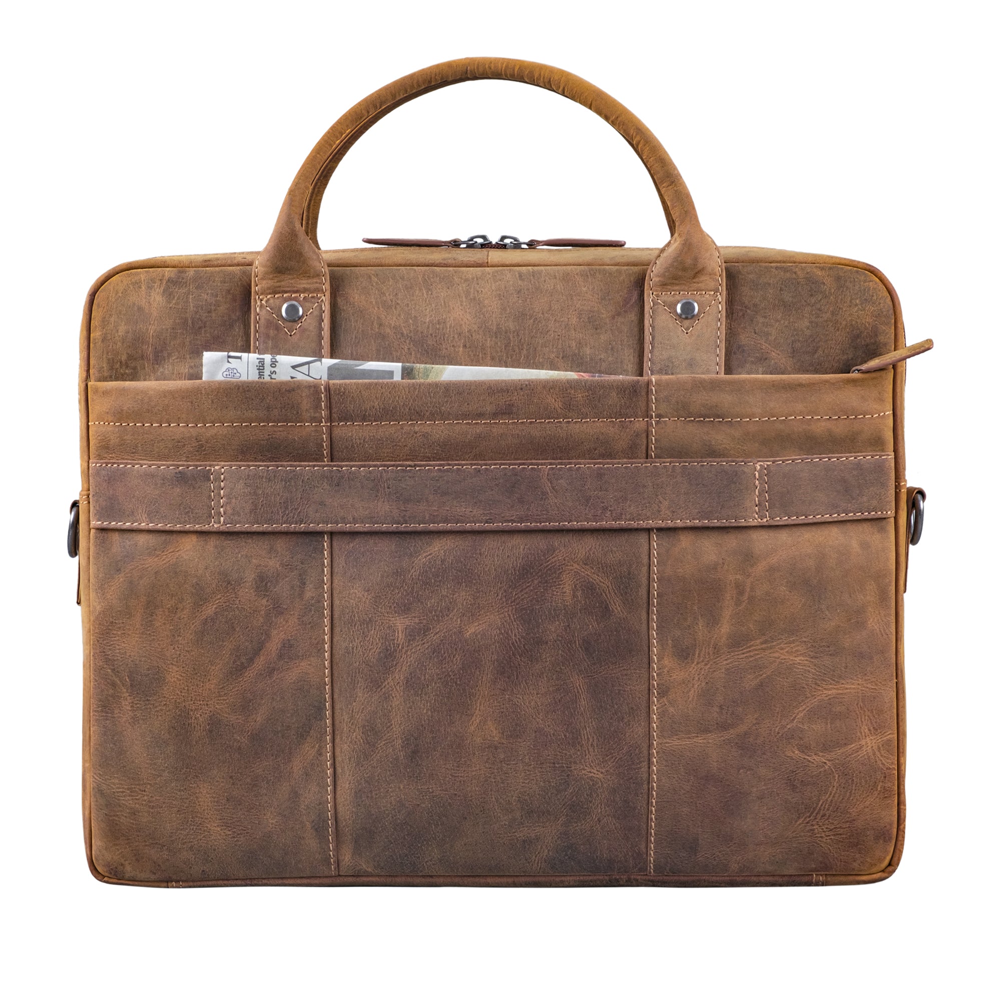 Leder Henkeltasche braun mit hinterem Reißverschlussfach und Trolleyhalterung