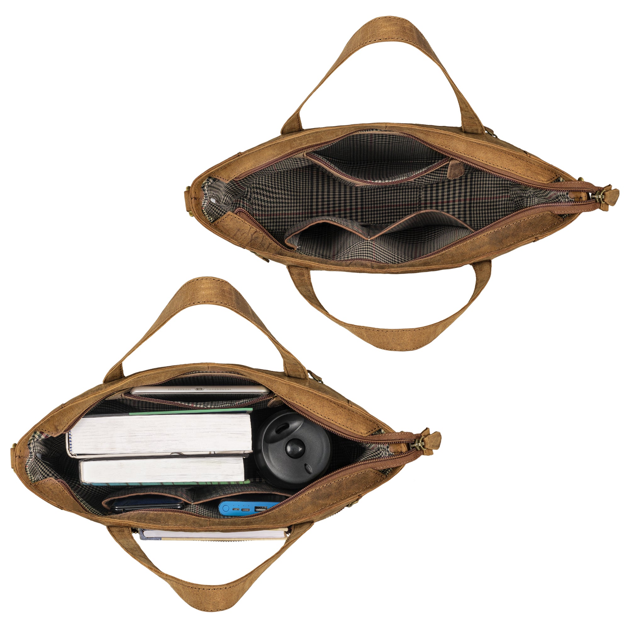 Ledertasche Damen braun im gefüllten Zustand und leeren Zustand aus der Draufsicht