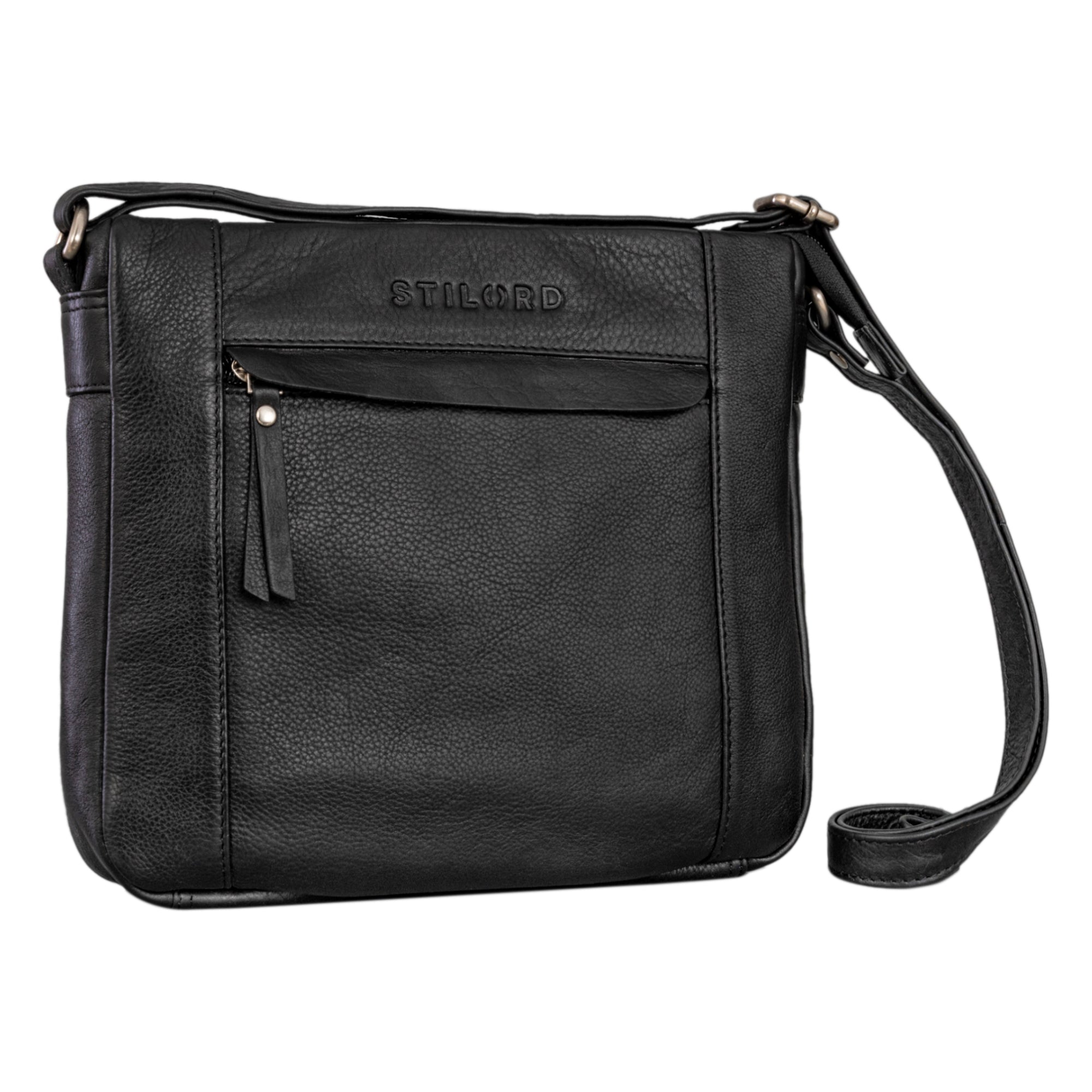 Ledertasche Damen Umhängetasche in schwarz mit einem Reißverschlussfach auf der Vorderseite