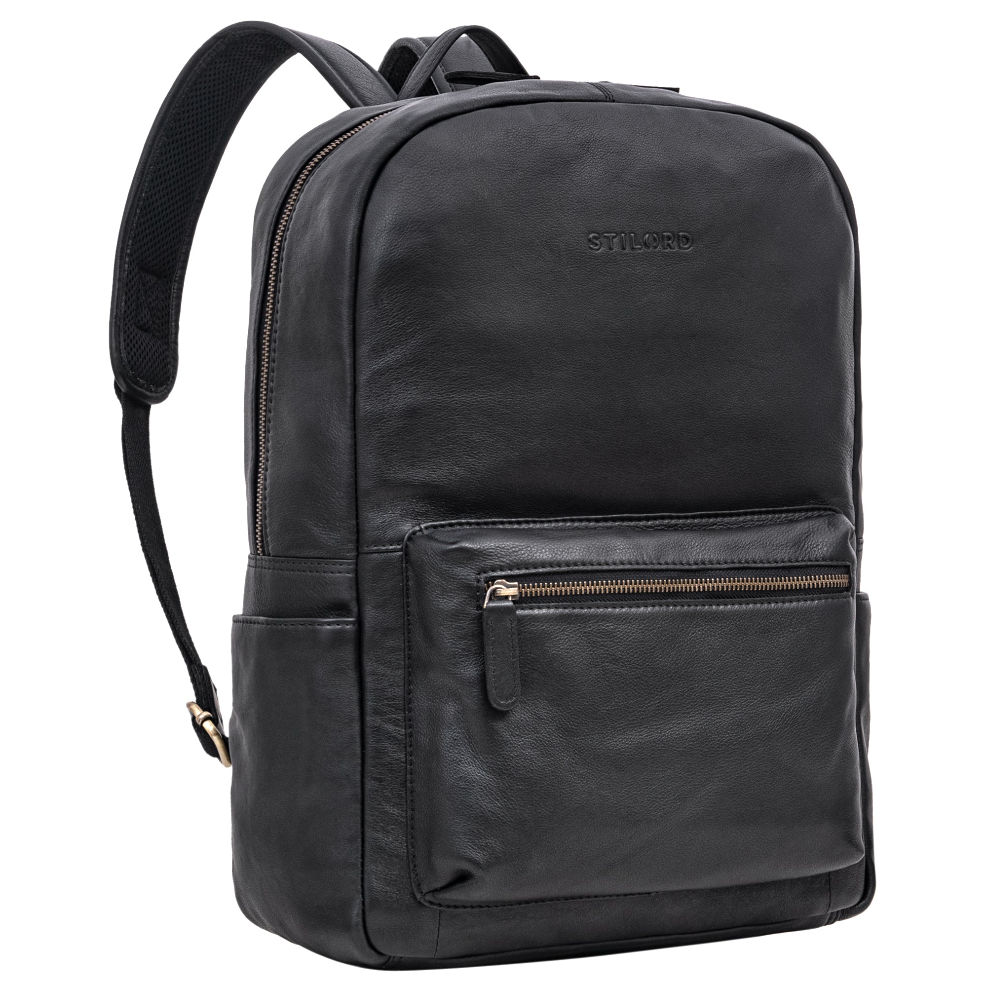 Schwarzer Lederrucksack mit Laptop-Fach 16 Zoll groß für Damen und Herren 