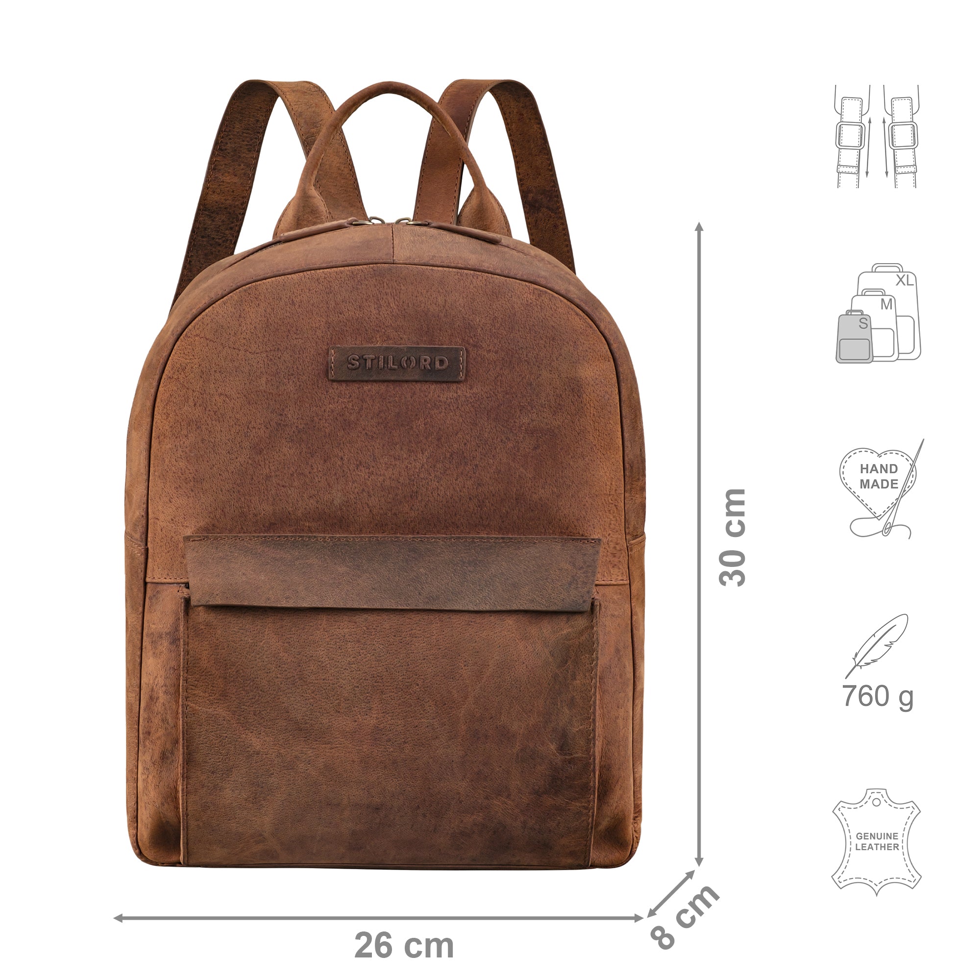 Damenrucksack Klein Braun aus der Frontalperspektive mit zusätzlichen Icons