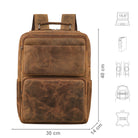 Lederrucksack braun mit Größenangaben und zusätzlichen USP Icons