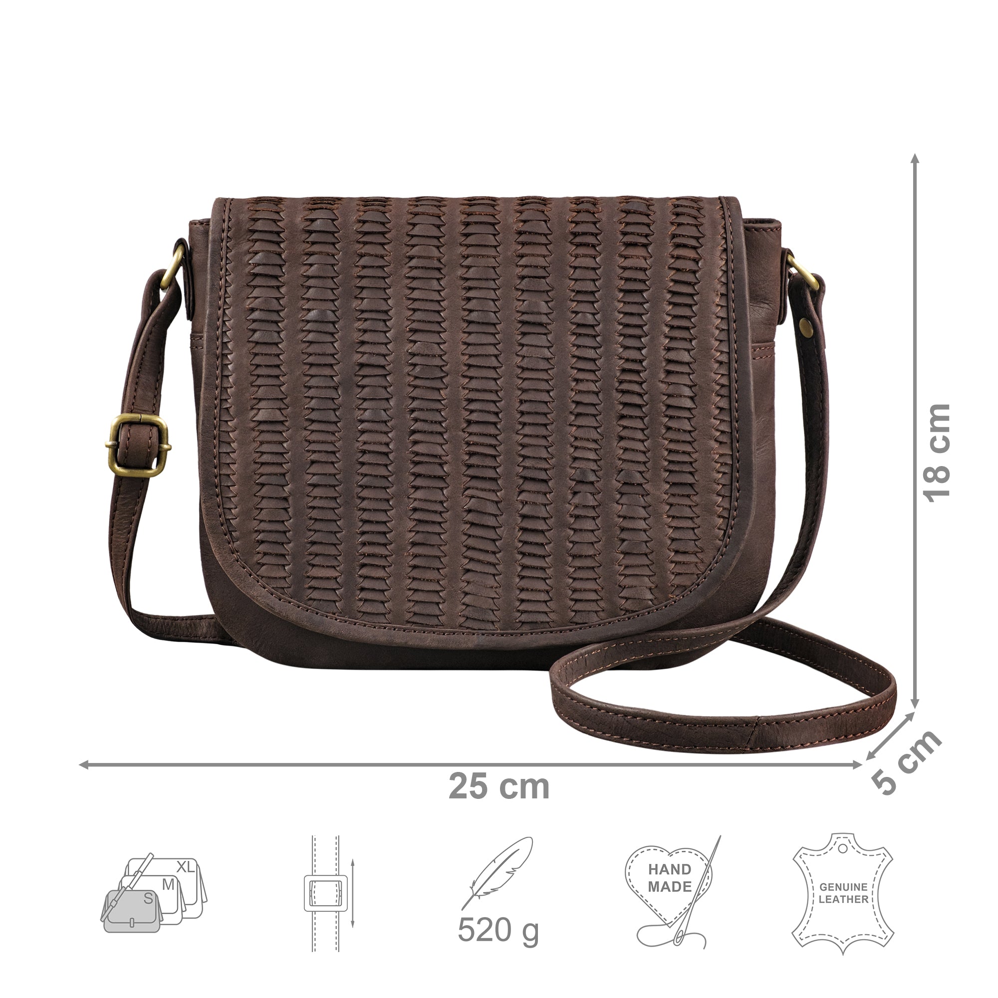 Crossbody Bag Leder braun mit Größenangaben und USP Icons