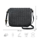 Crossbody Bag Leder schwarz mit Größenangaben und USP Icons