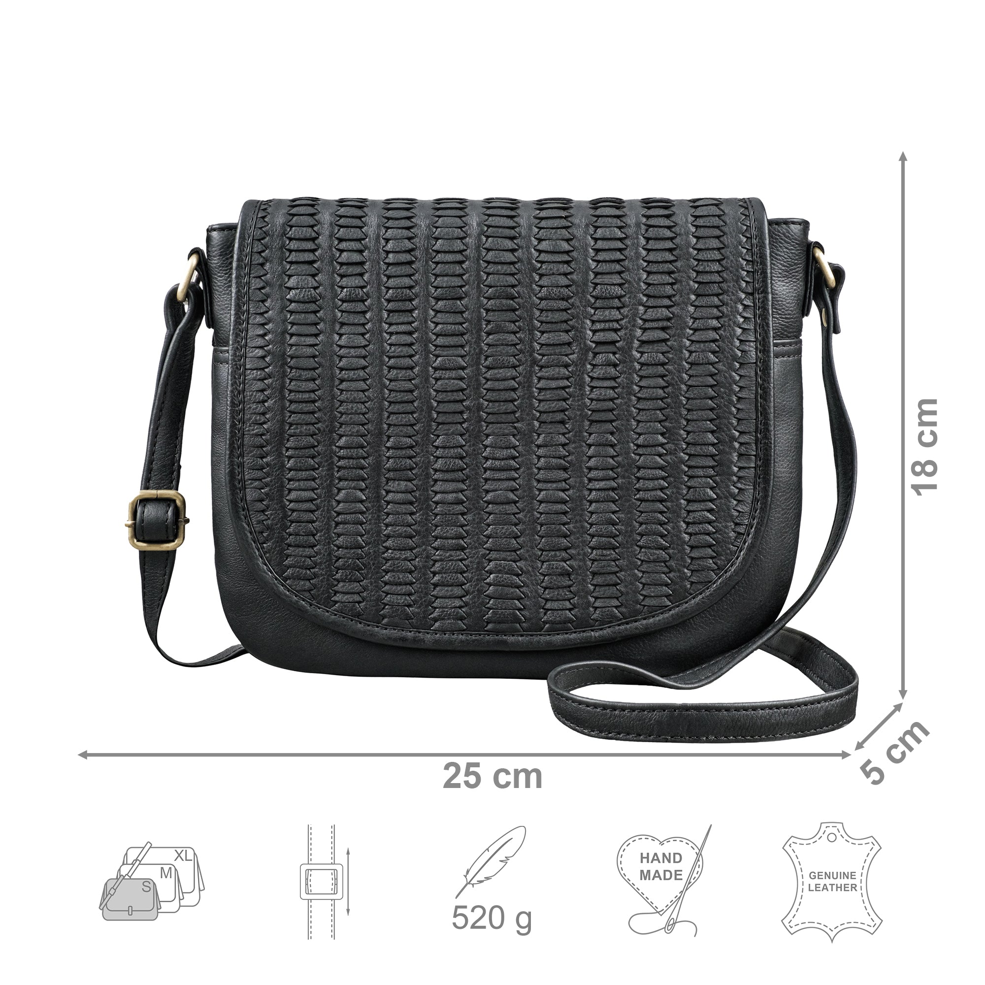 Crossbody Bag Leder schwarz mit Größenangaben und USP Icons