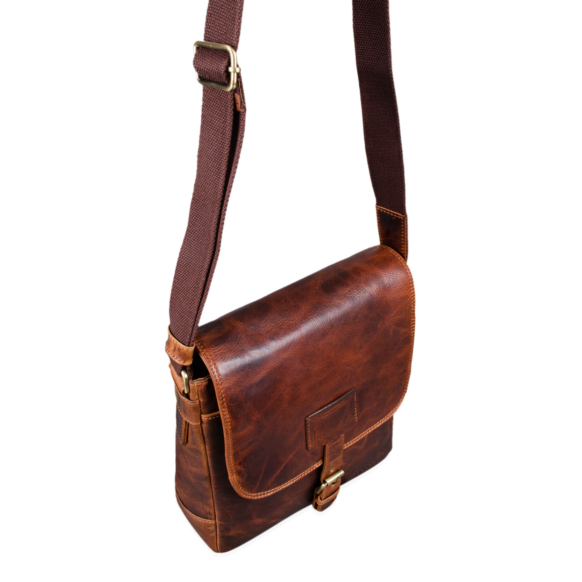 Vintage Schultertasche Leder Männer cognac braun