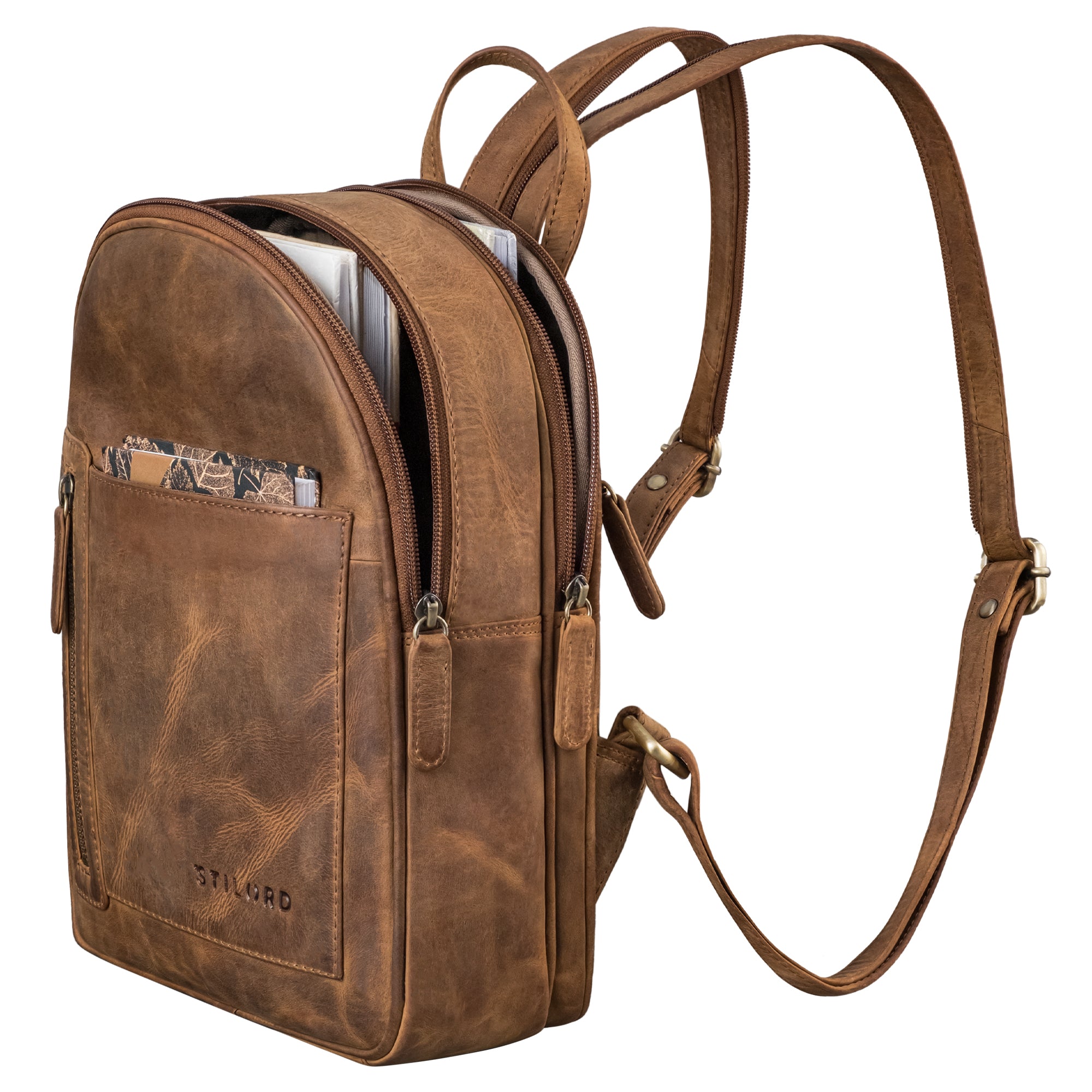 Multifunktionaler Lederrucksack Damen braun tragbar als Crossbody Bag