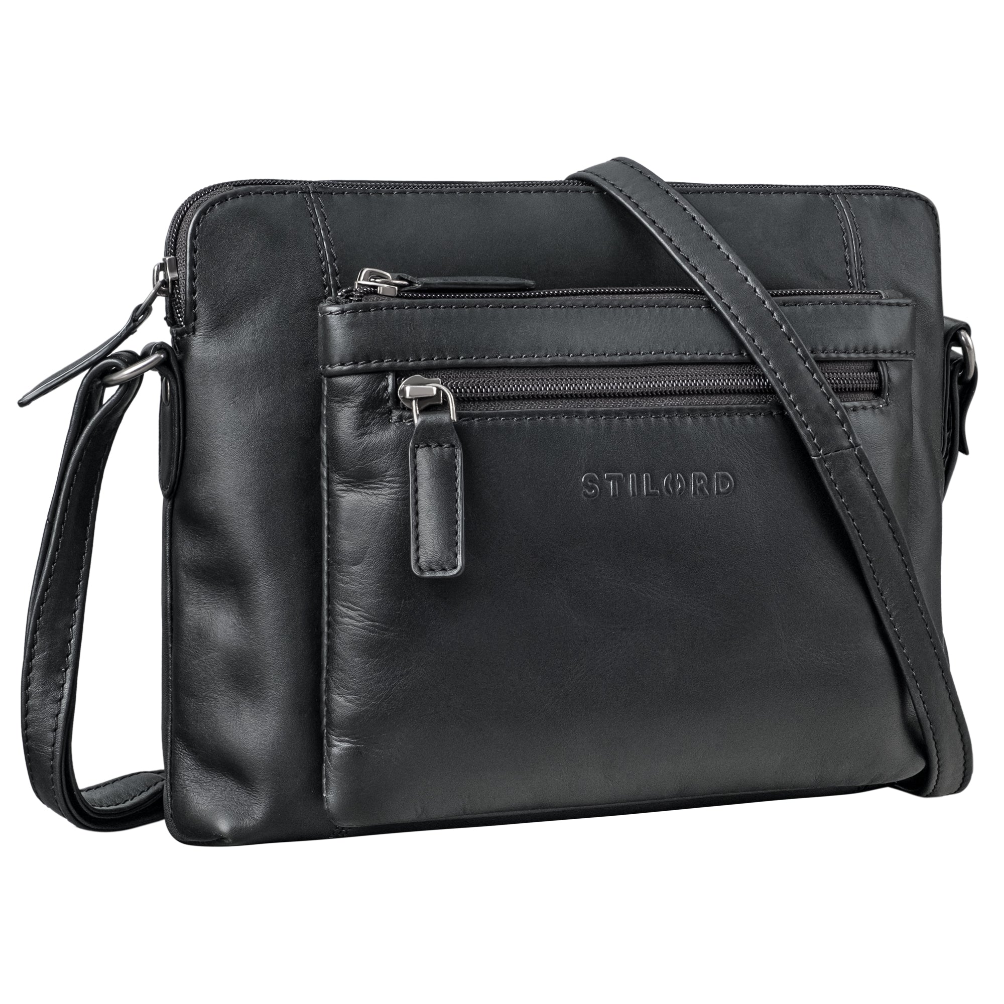Handtasche Leder Damen schwarz mit verstellbaren Schultergurt Echtleder
