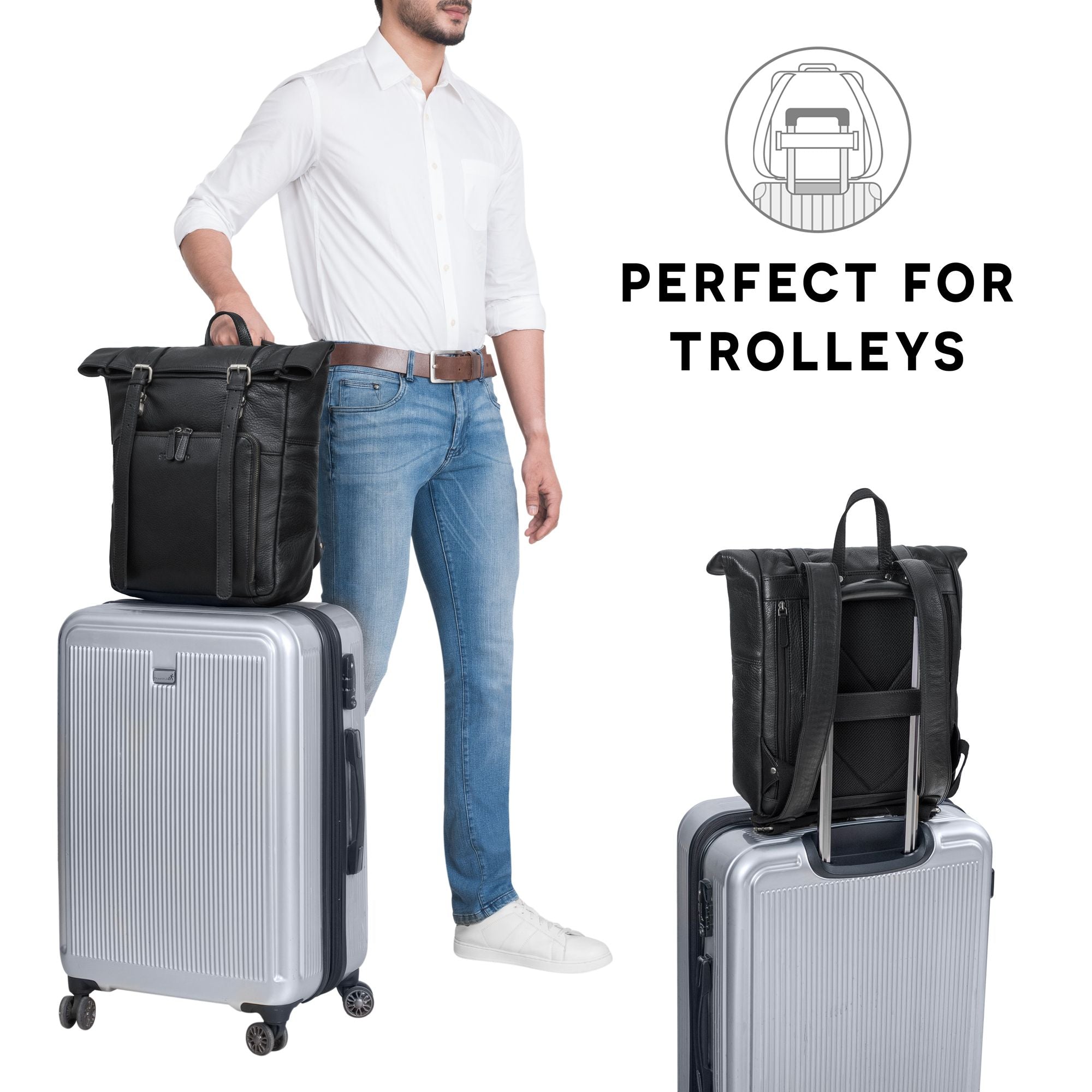 echt leder laptop rucksack rolltop schwarz