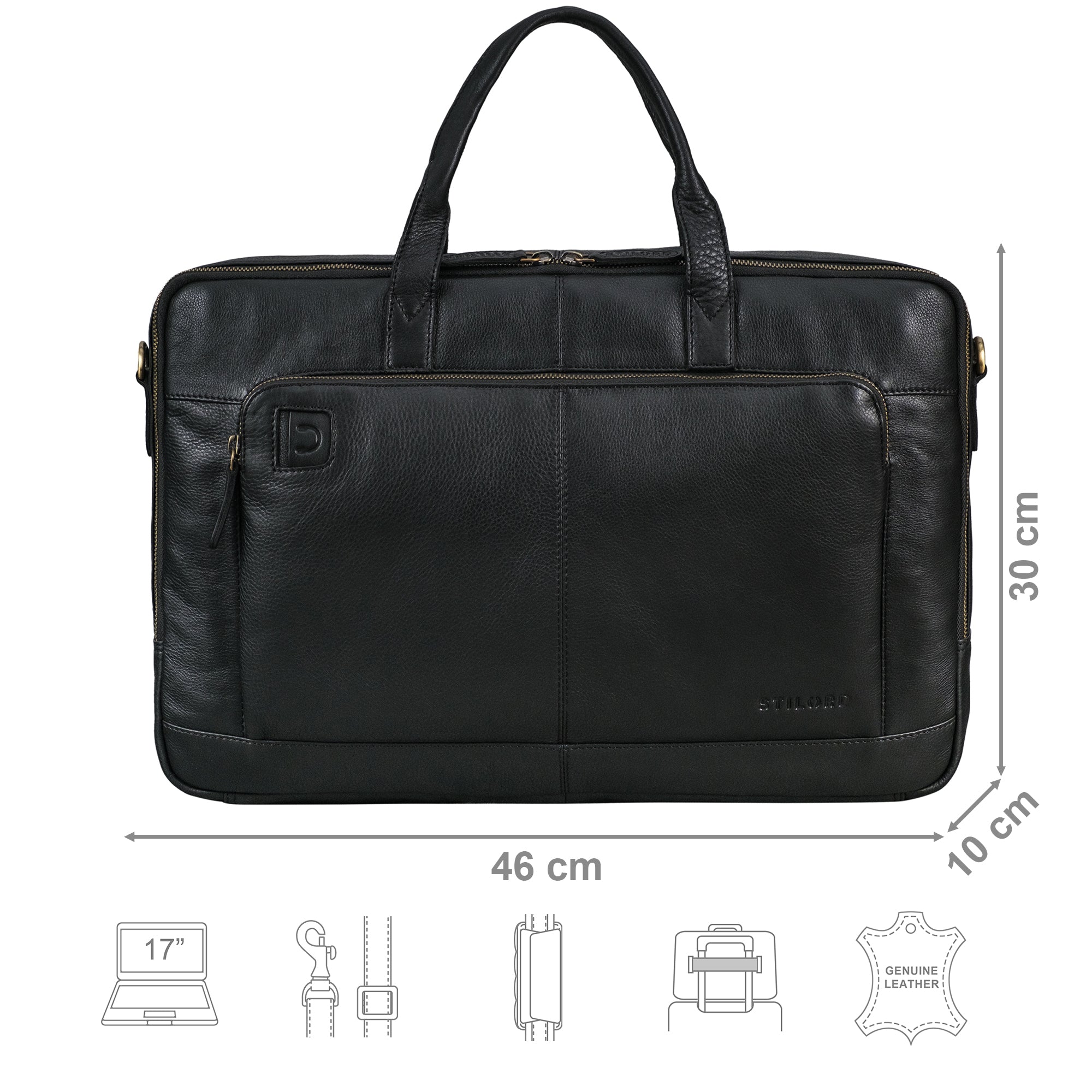Aktentasche Leder schwarz mit Größenangaben und zusätzlichen Merkmal Icons