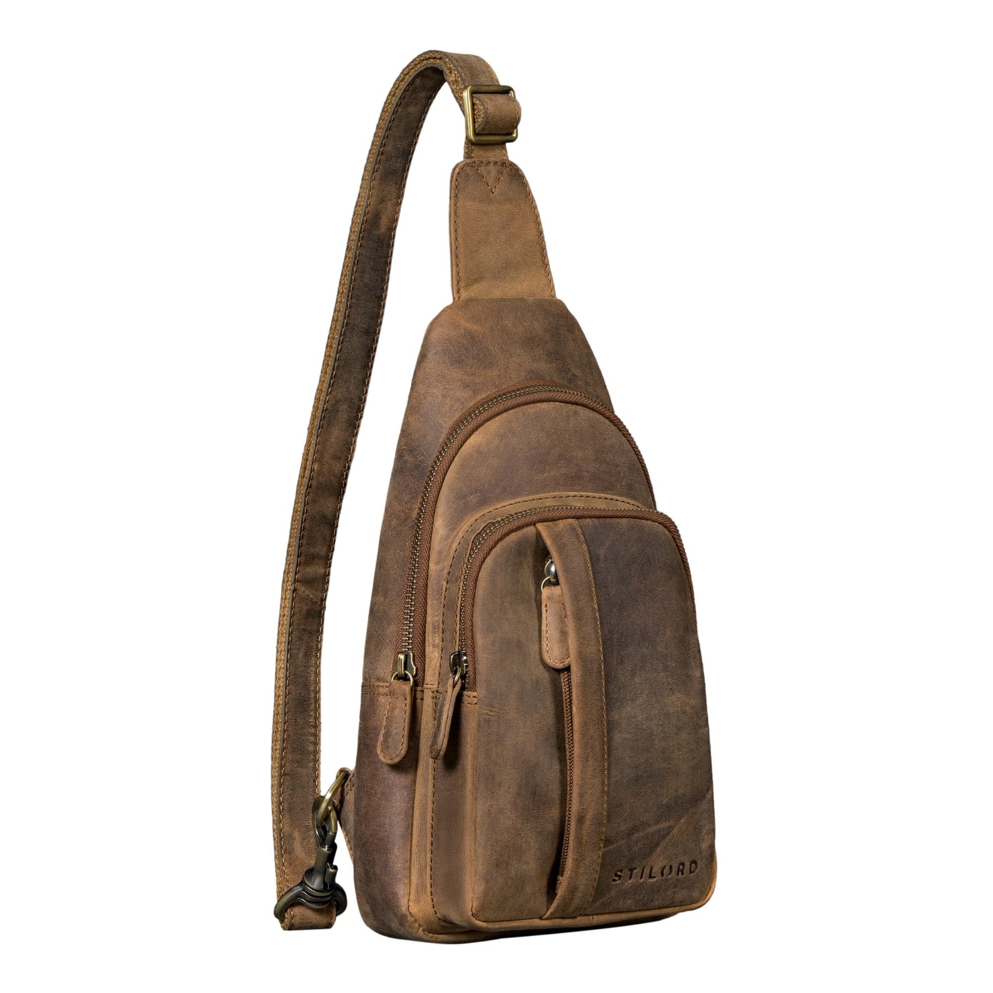 Braune Sling Bag Herren Leder Groß mit Karabiner & Anti Diebstahl Fach