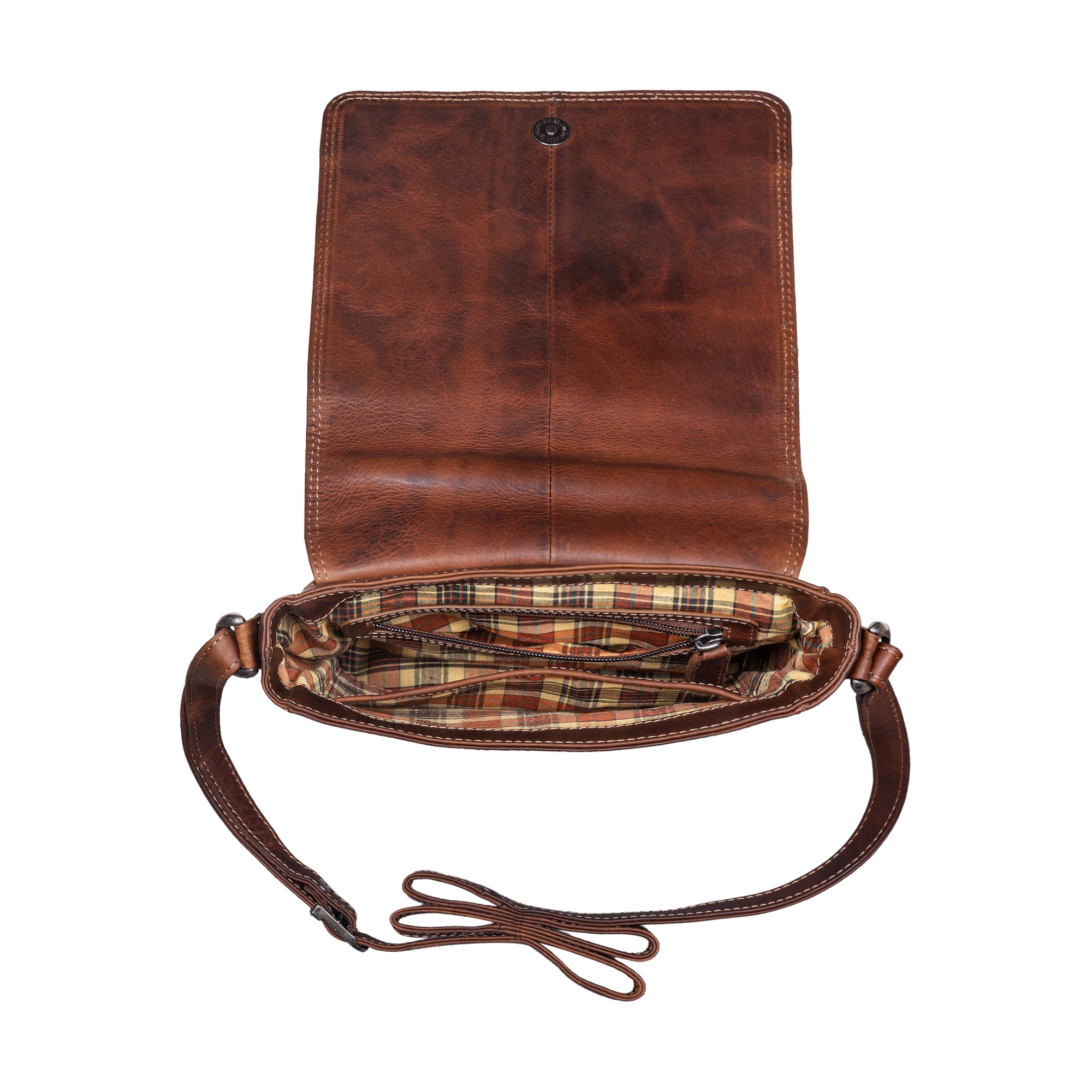 Lederhandtasche Innenfutter kariert mit Schultergurt