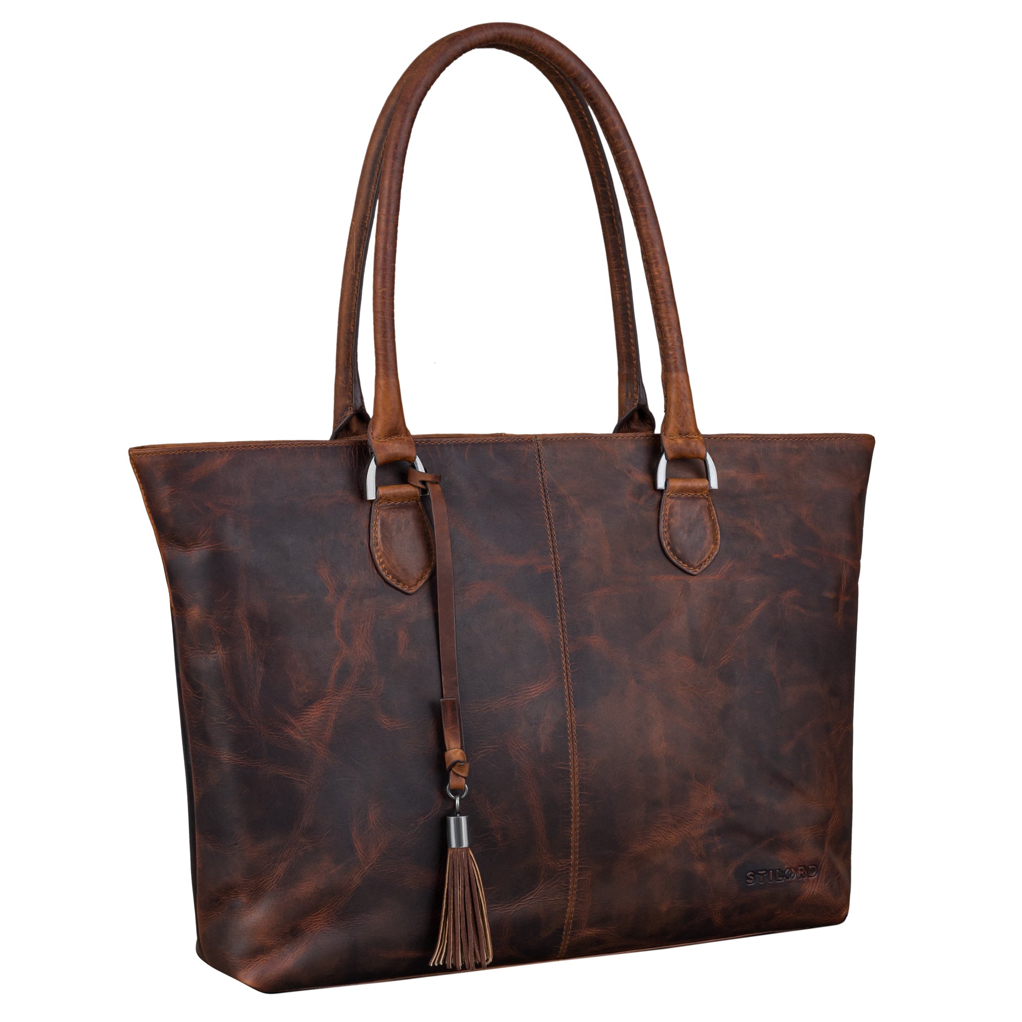  Echt Leder Shopper Tasche mit gepolsterten Laptopfach 15,6 Zoll in Cognac