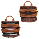Lederrucksack Cognac mit Laptopfach im leeren und gefüllten Zustand aus der Draufsicht