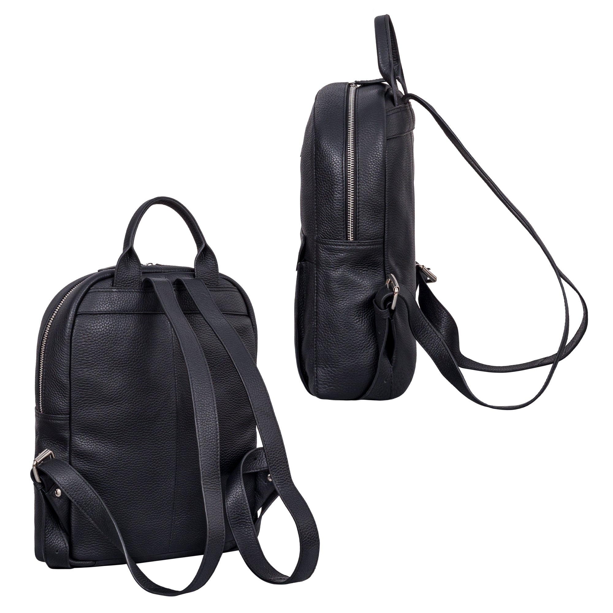 Rucksack Damen Schwarz aus Echtleder in der seitlichen und hinteren Darstellung