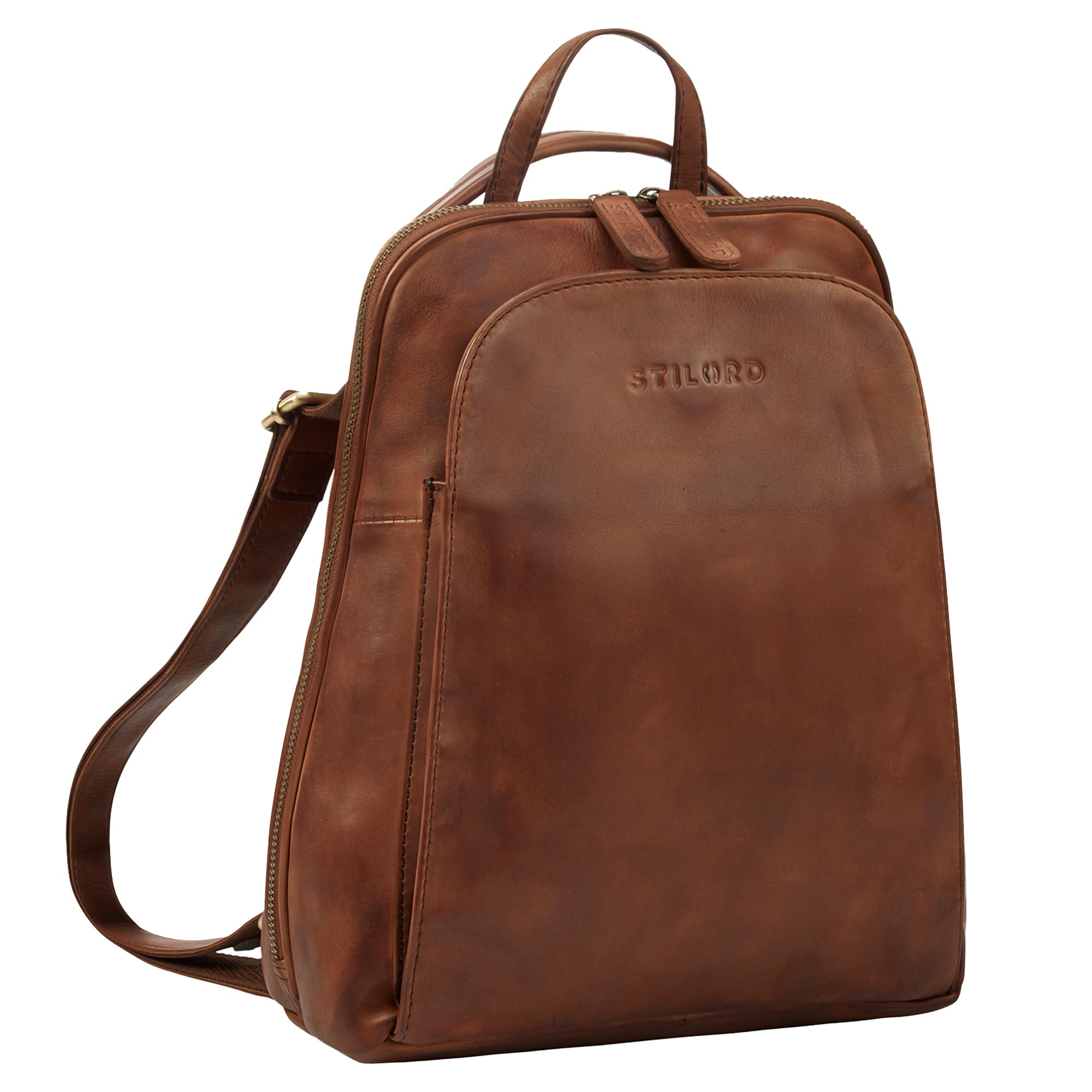 2-in-1 kleine Rucksack-Tasche Echtleder mit vielen Fächern für 10,9 Zoll Tablet Brandy Cognac